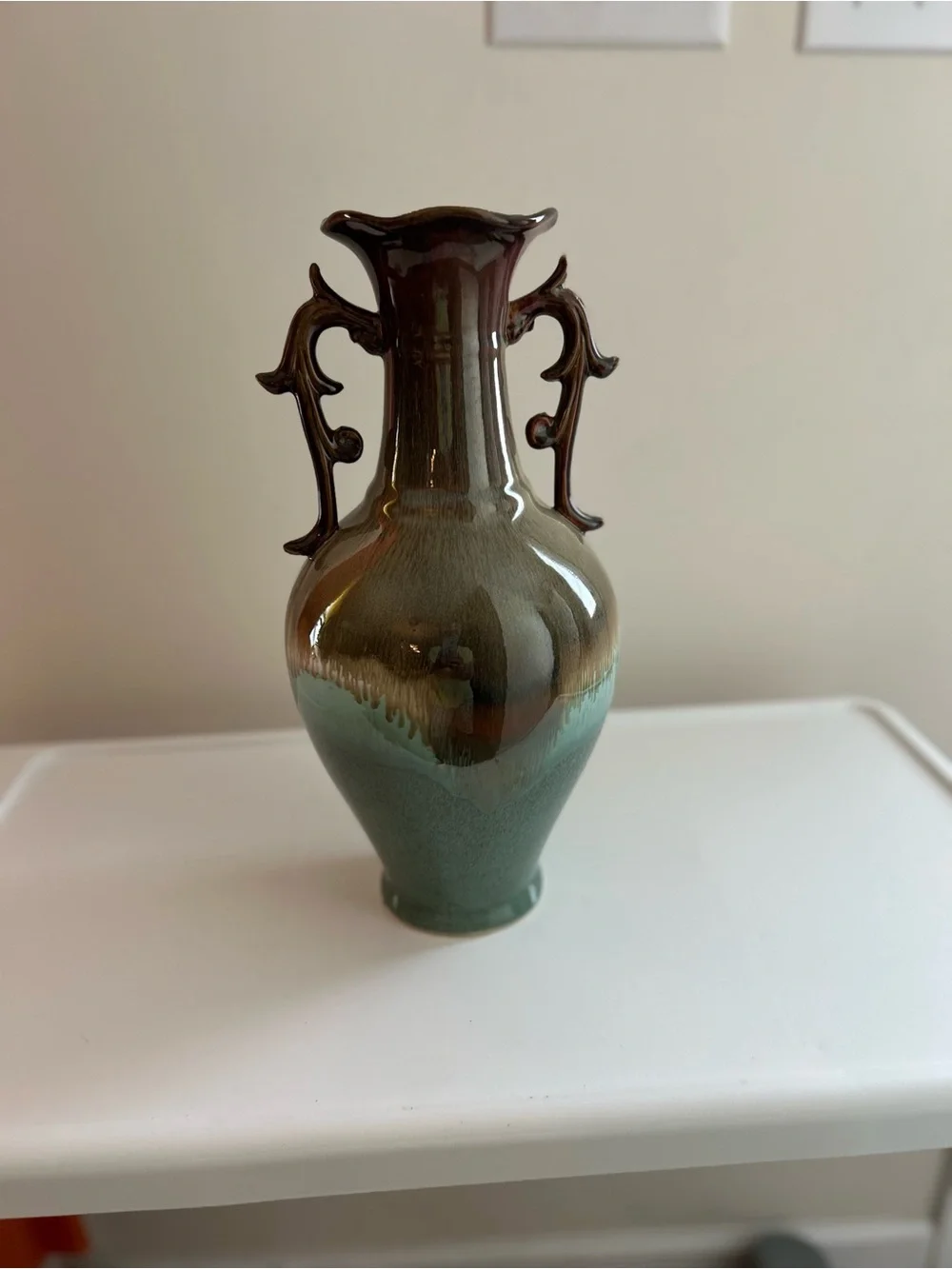 Glazed Ceramic Double-Handled Vase in Brown and Green
